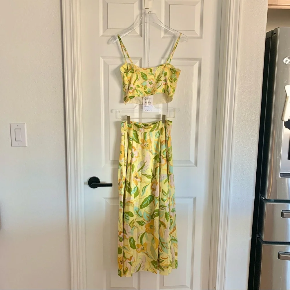 🌼 ZARA Printed Linen Crop Top Bustier Neckline Skirt Set Yellow Floral Print XS - Picture 9 of 16